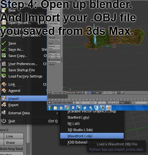 So after exporting froms 3ds max, we'll be opening that same OBJ file, with Blender. Just select from the drop-down up top.. File > Import > Wavefront (.