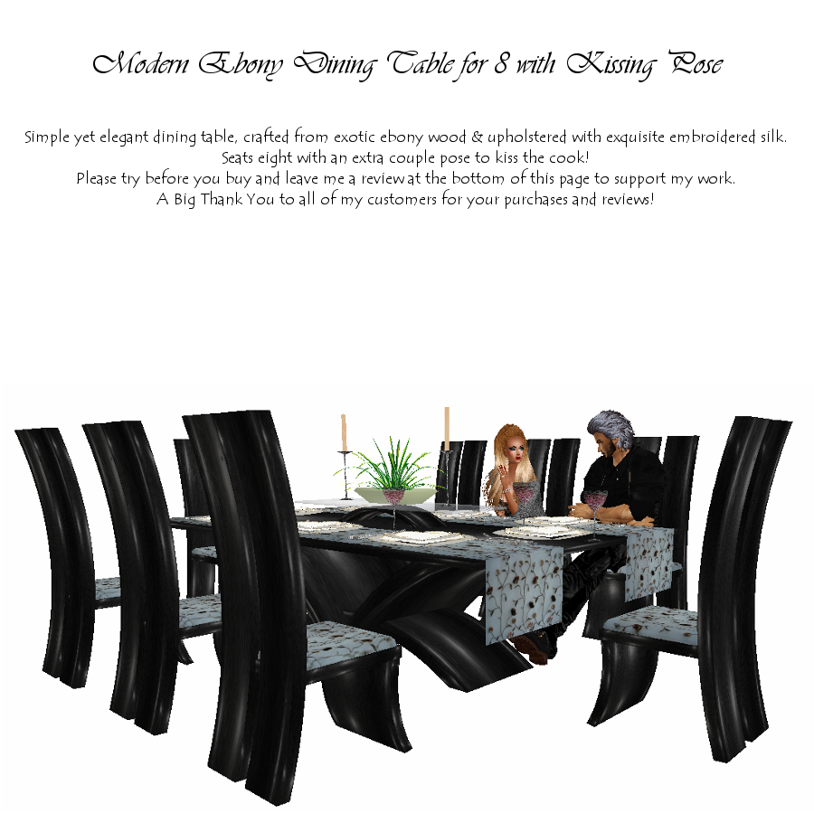 Ebony Dining Table for 8 photo Blackdiningtablefor8withkisspose1.png