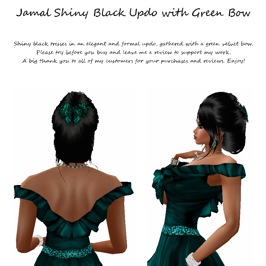 Jamal Shiny Black Updo with Green Bow photo Jamal Shiny Black Updo with Green Bow.png