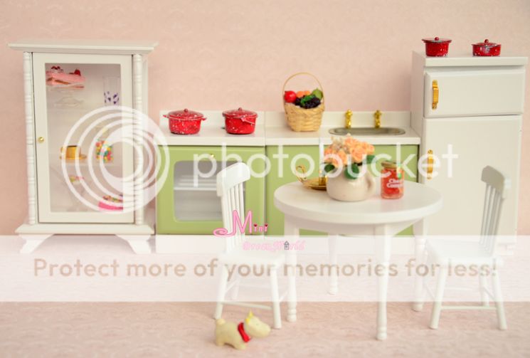 1 12 Dollhouse Miniature Wood Green White Kitchen Dinning Room Set 7pcs