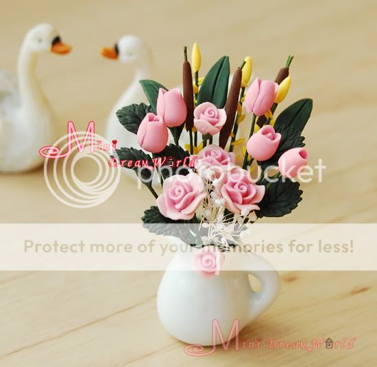 Dollhouse Miniature Clay flower Pink Rose W/ White Vase  