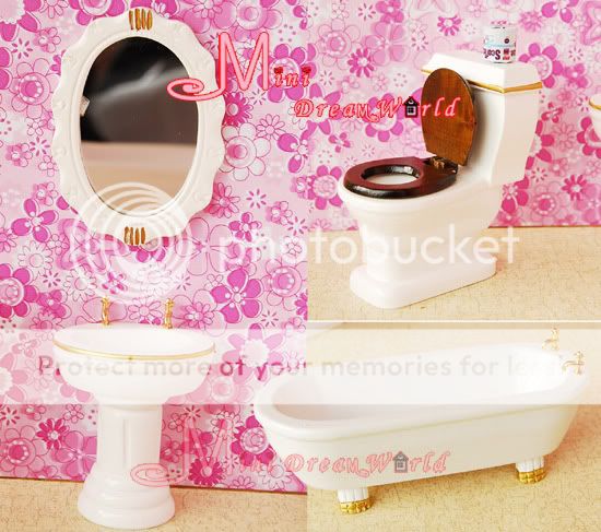   Dollhouse Miniature White Wood Bathroom Toilet Set 7PCS High Quality