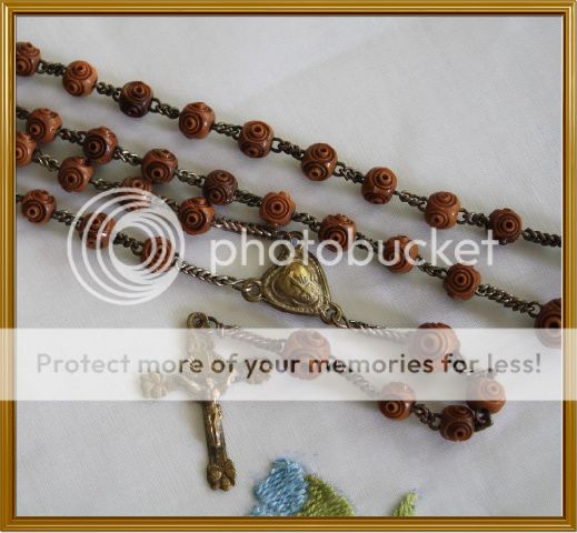 1800s ROSARY CARVED WOOD BEADS PUFFY HEART MEDAL FRANCE  